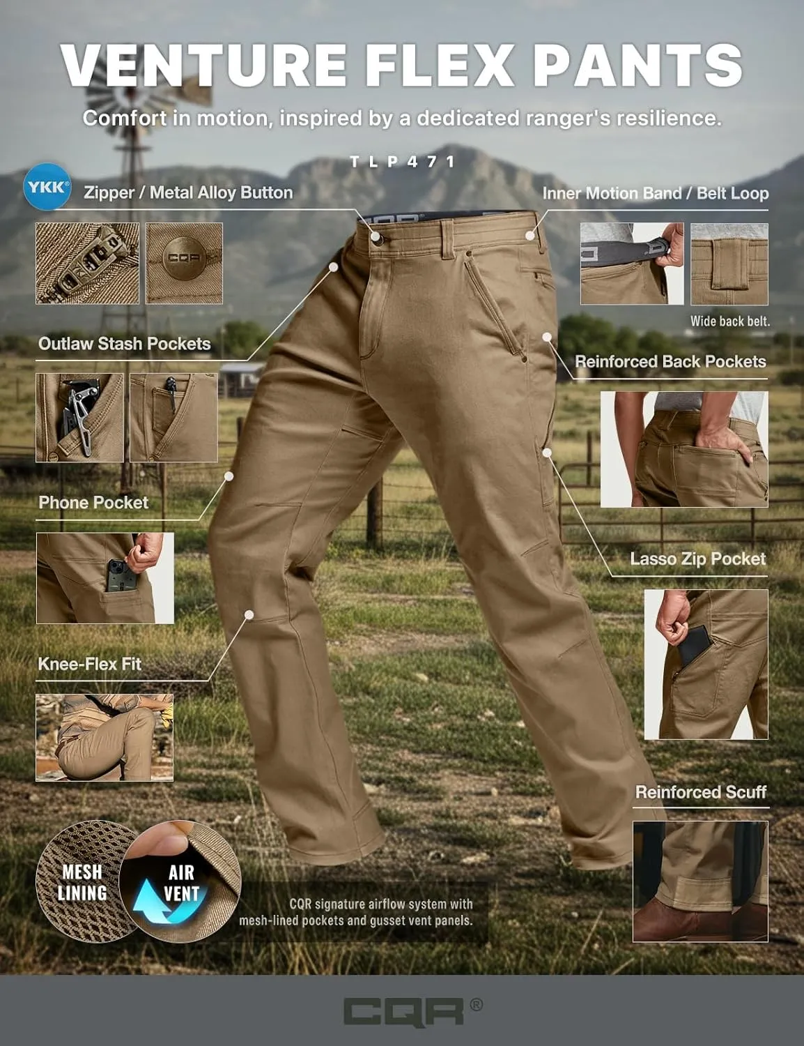 CQR Men's Motion Utility Casual Pants, Regular Fit Lightweight Work Pants, Water Resistant Outdoor Stretch Pants with Pockets