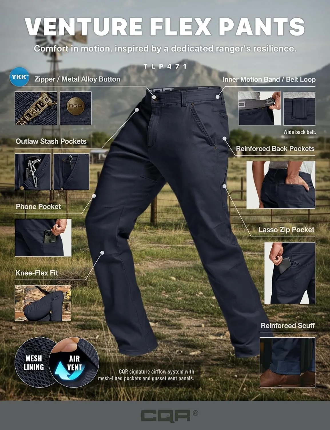 CQR Men's Motion Utility Casual Pants, Regular Fit Lightweight Work Pants, Water Resistant Outdoor Stretch Pants with Pockets
