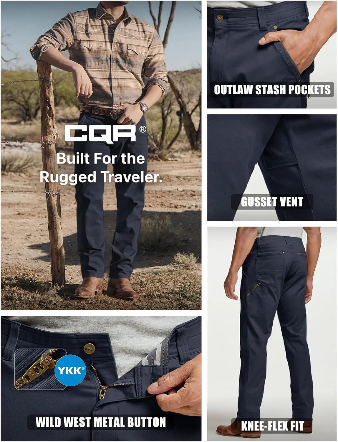 CQR Men's Motion Utility Casual Pants, Regular Fit Lightweight Work Pants, Water Resistant Outdoor Stretch Pants with Pockets