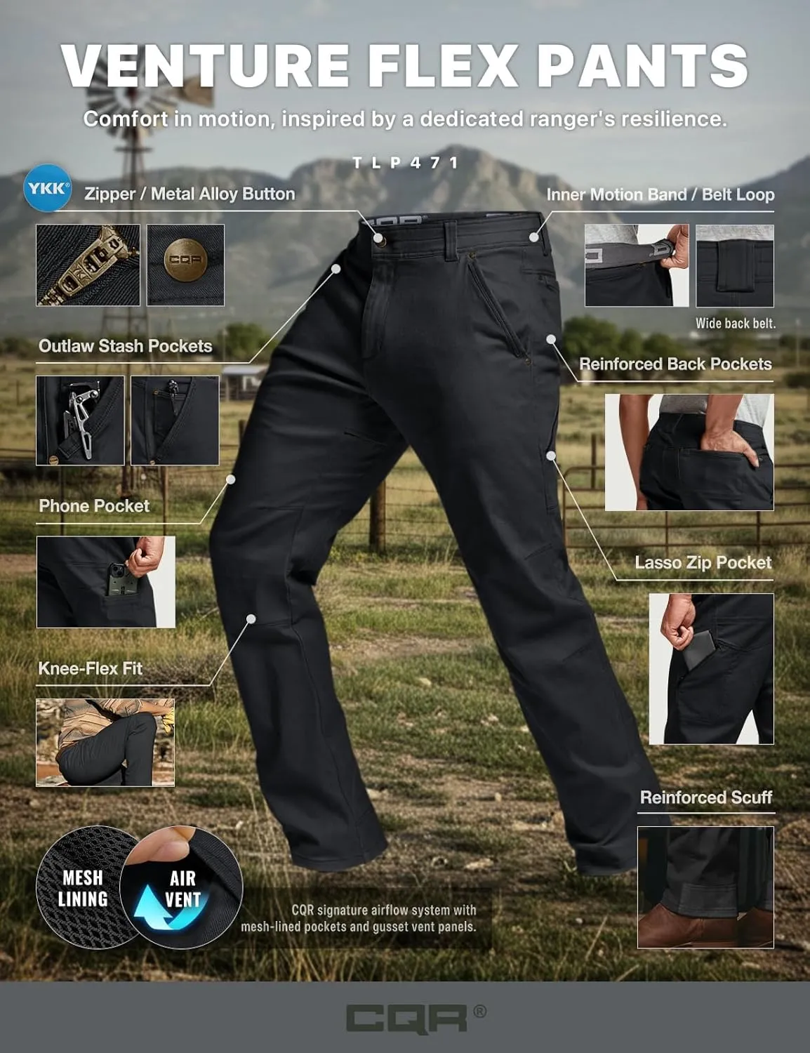 CQR Men's Motion Utility Casual Pants, Regular Fit Lightweight Work Pants, Water Resistant Outdoor Stretch Pants with Pockets