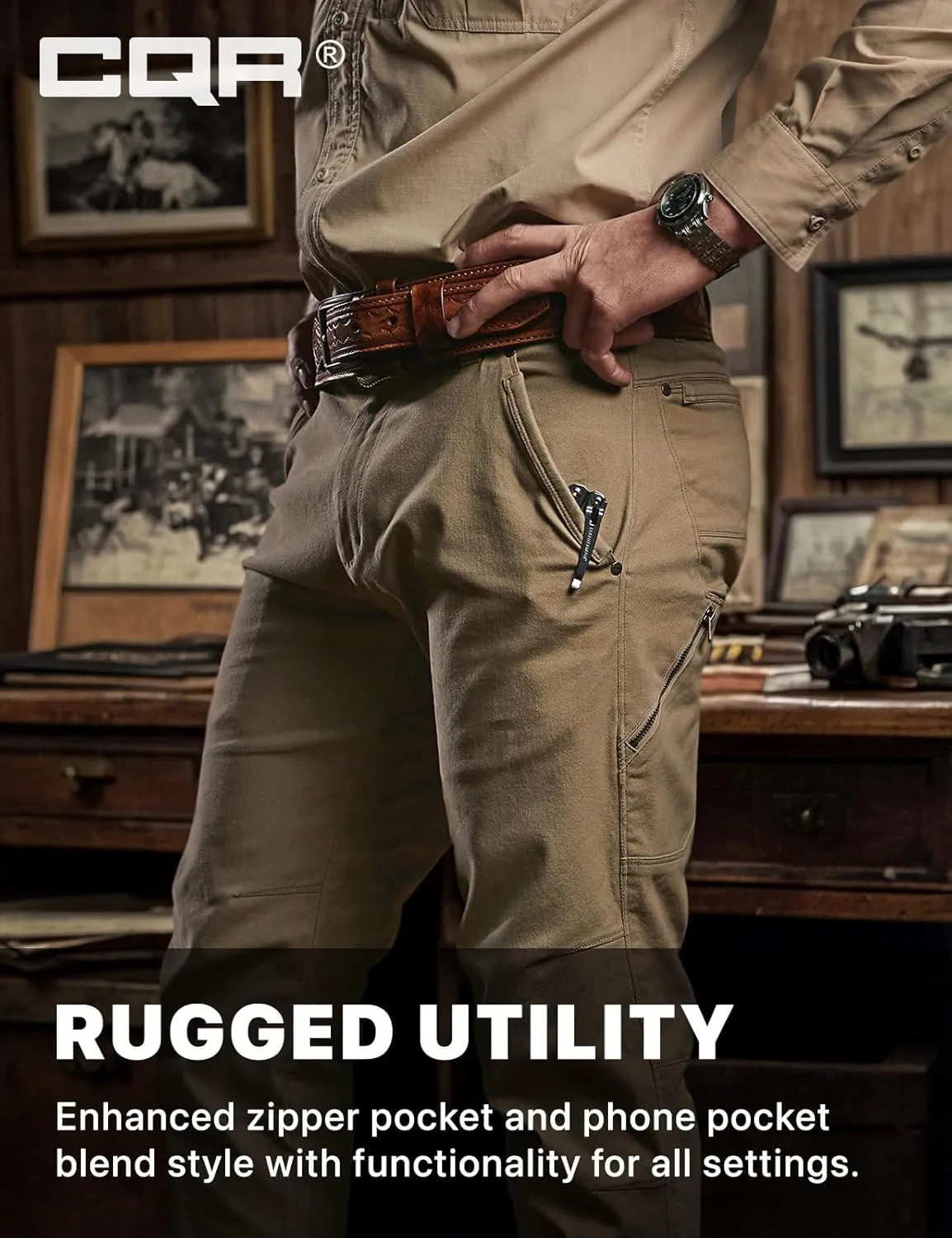 CQR Men's Motion Utility Casual Pants, Regular Fit Lightweight Work Pants, Water Resistant Outdoor Stretch Pants with Pockets