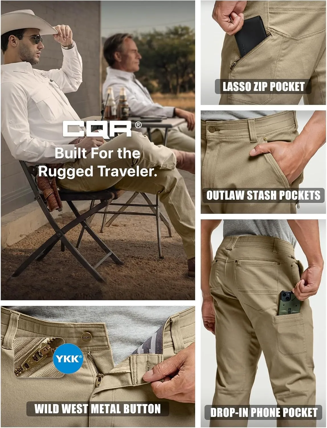 CQR Men's Motion Utility Casual Pants, Regular Fit Lightweight Work Pants, Water Resistant Outdoor Stretch Pants with Pockets