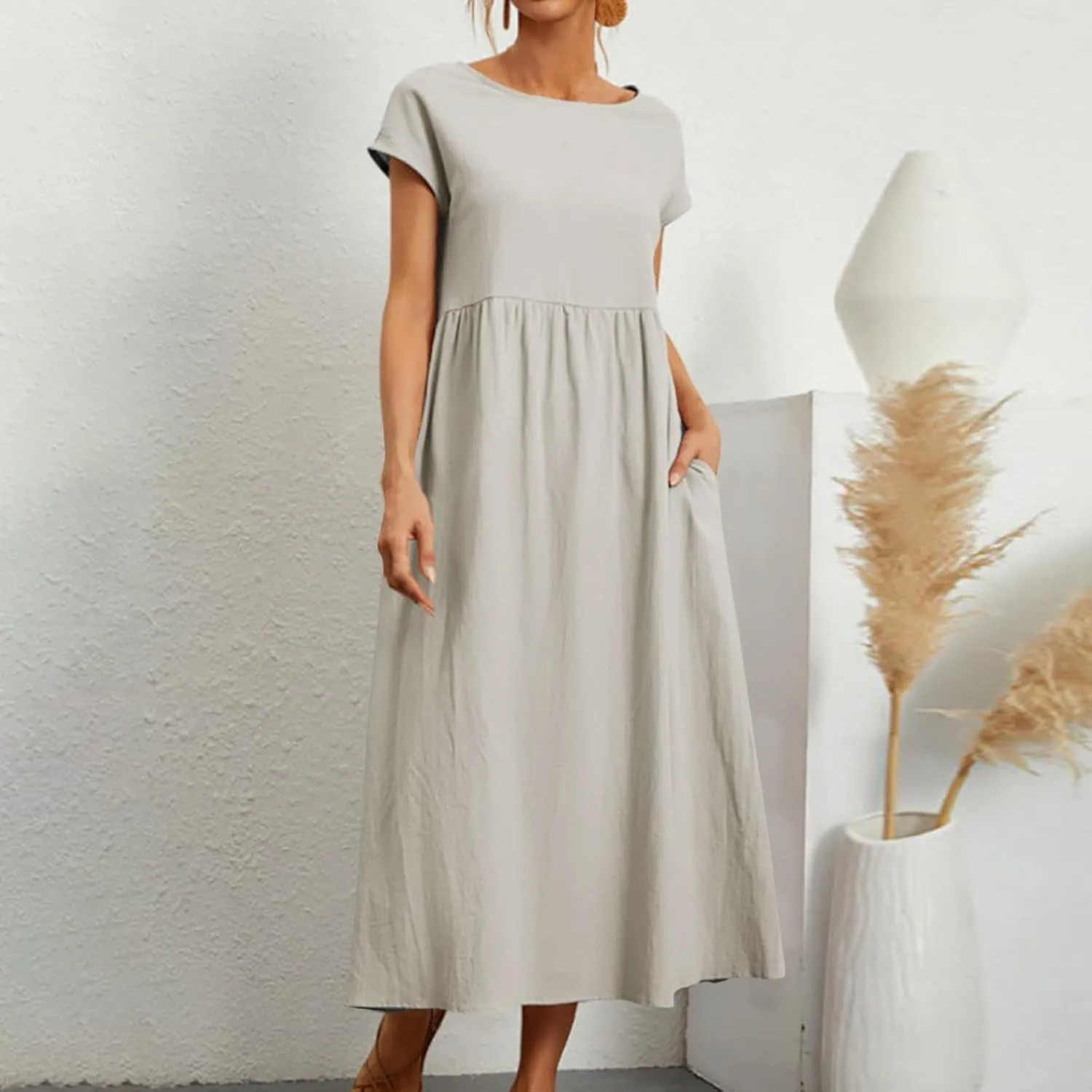 Crew Neck Summer Dresses For Women 2025 Short Sleeve Loose Fit Tunic Beach Dresses Patchwork Solid Shirt Sundress