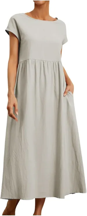 Crew Neck Summer Dresses For Women 2025 Short Sleeve Loose Fit Tunic Beach Dresses Patchwork Solid Shirt Sundress