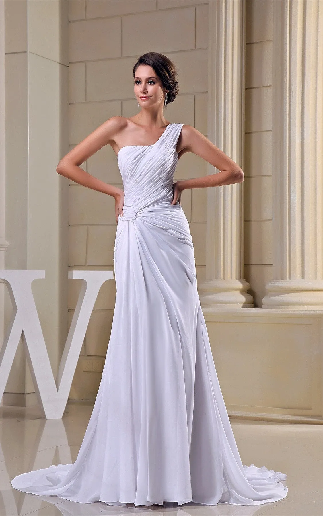 Criss-Cross One-Shoulder Ruched Chiffon Gown with Pleats and Court Train-GC_706330