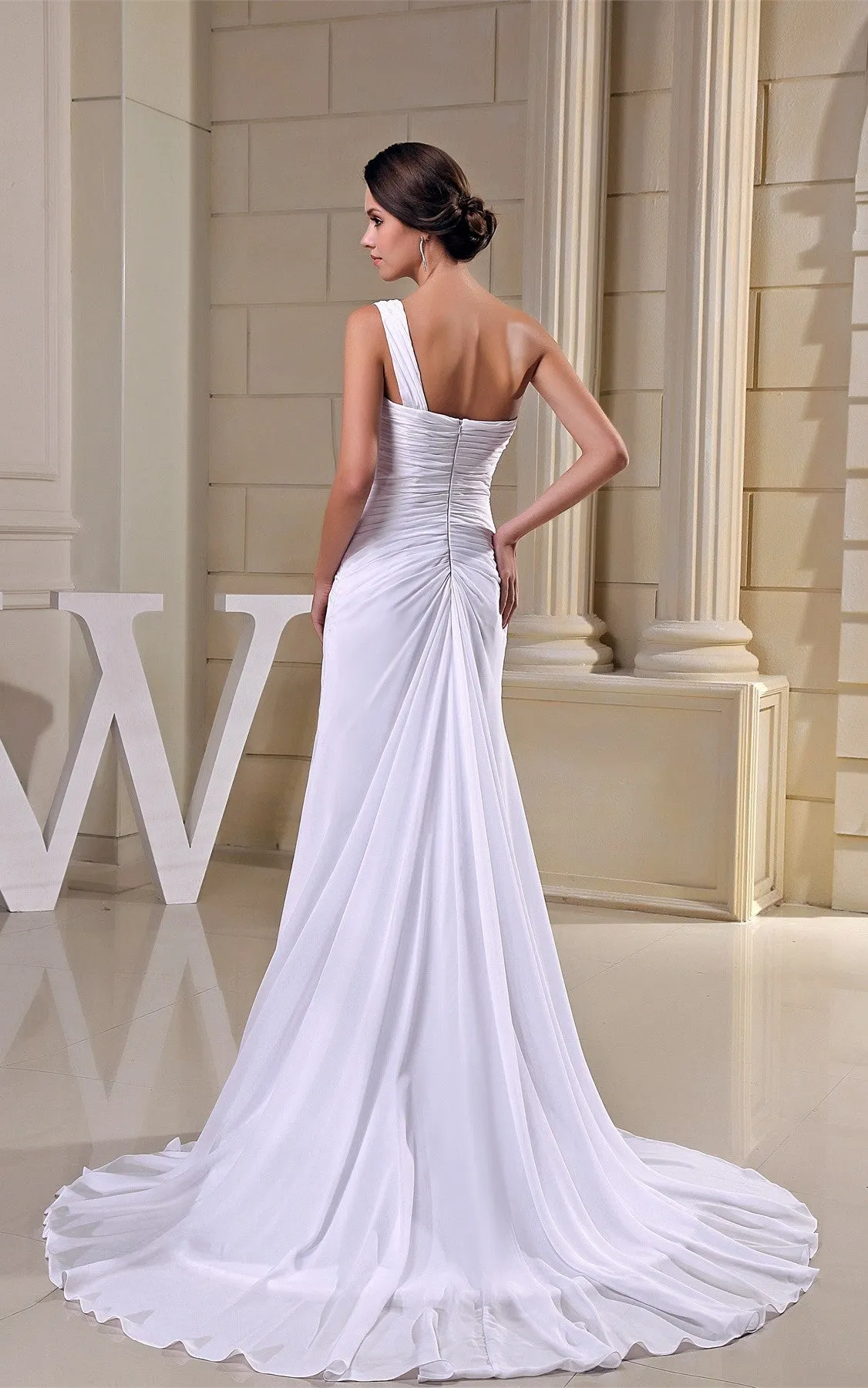 Criss-Cross One-Shoulder Ruched Chiffon Gown with Pleats and Court Train-GC_706330