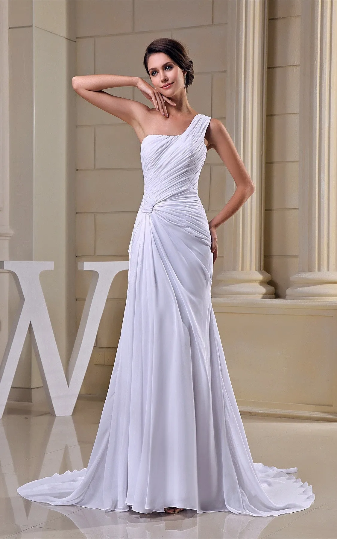 Criss-Cross One-Shoulder Ruched Chiffon Gown with Pleats and Court Train-GC_706330