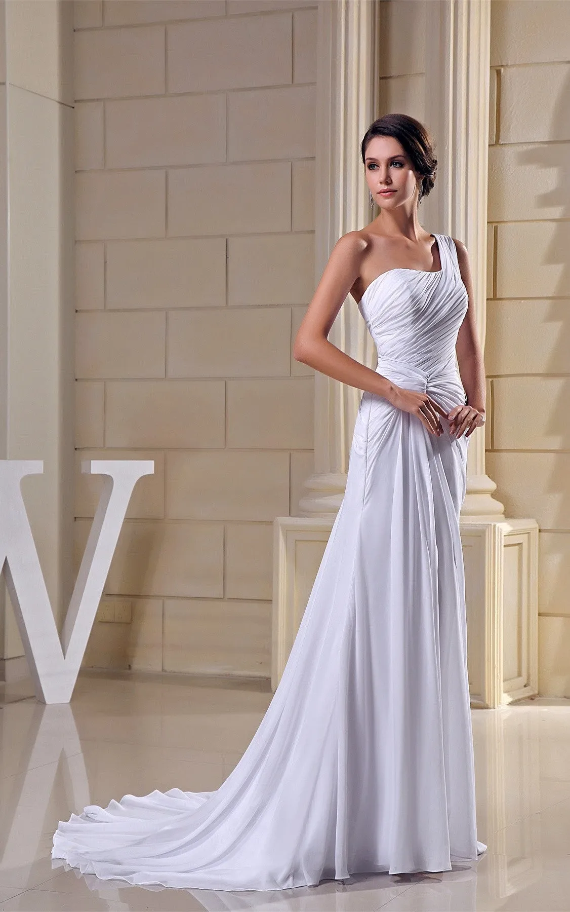 Criss-Cross One-Shoulder Ruched Chiffon Gown with Pleats and Court Train-GC_706330