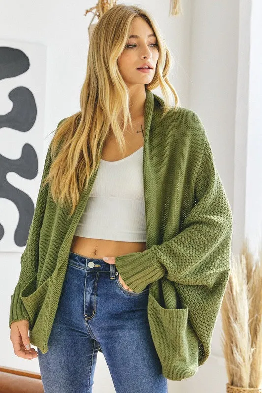 Davi & Dani Pattern Knit Dolman Sleeve Solid Slouch Cardigan