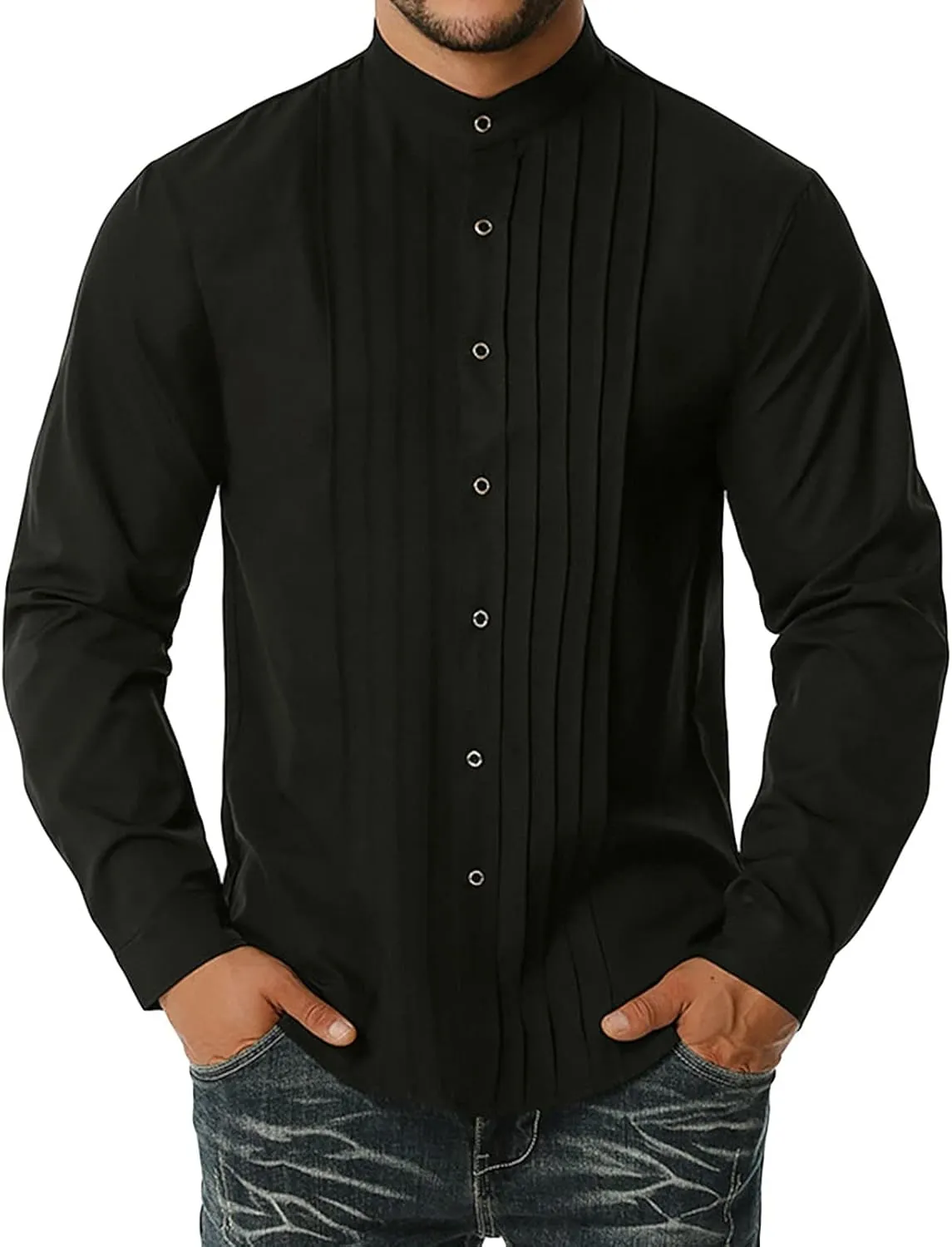 DGHM-JLMY Men Business Pleated Henry Collar Long Sleeve Shirt Slim Fit Pleated Tuxedo Wedding Shirt Solid Party Dress Shirt