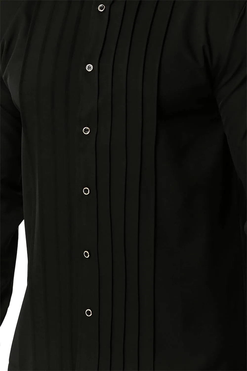 DGHM-JLMY Men Business Pleated Henry Collar Long Sleeve Shirt Slim Fit Pleated Tuxedo Wedding Shirt Solid Party Dress Shirt
