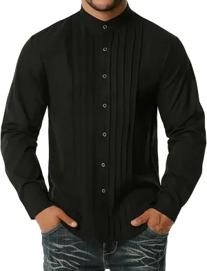 DGHM-JLMY Men Business Pleated Henry Collar Long Sleeve Shirt Slim Fit Pleated Tuxedo Wedding Shirt Solid Party Dress Shirt
