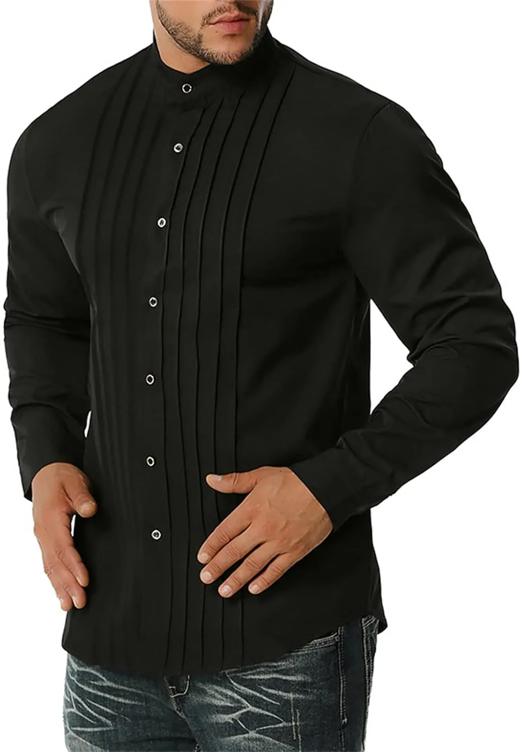 DGHM-JLMY Men Business Pleated Henry Collar Long Sleeve Shirt Slim Fit Pleated Tuxedo Wedding Shirt Solid Party Dress Shirt