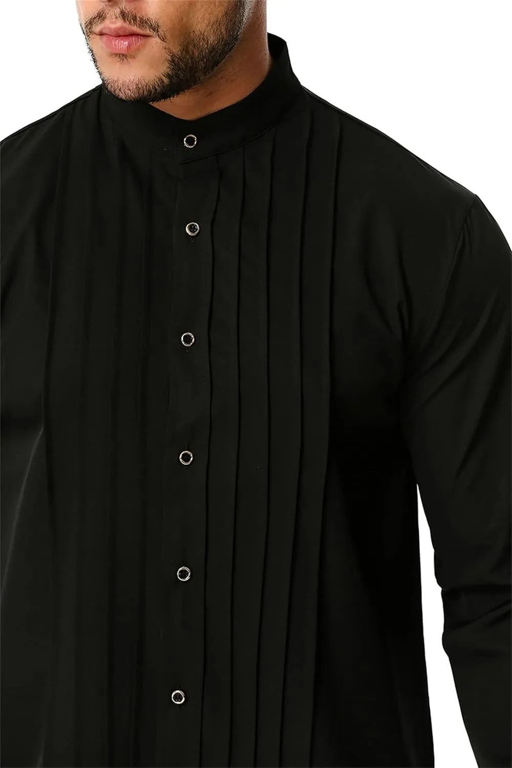 DGHM-JLMY Men Business Pleated Henry Collar Long Sleeve Shirt Slim Fit Pleated Tuxedo Wedding Shirt Solid Party Dress Shirt