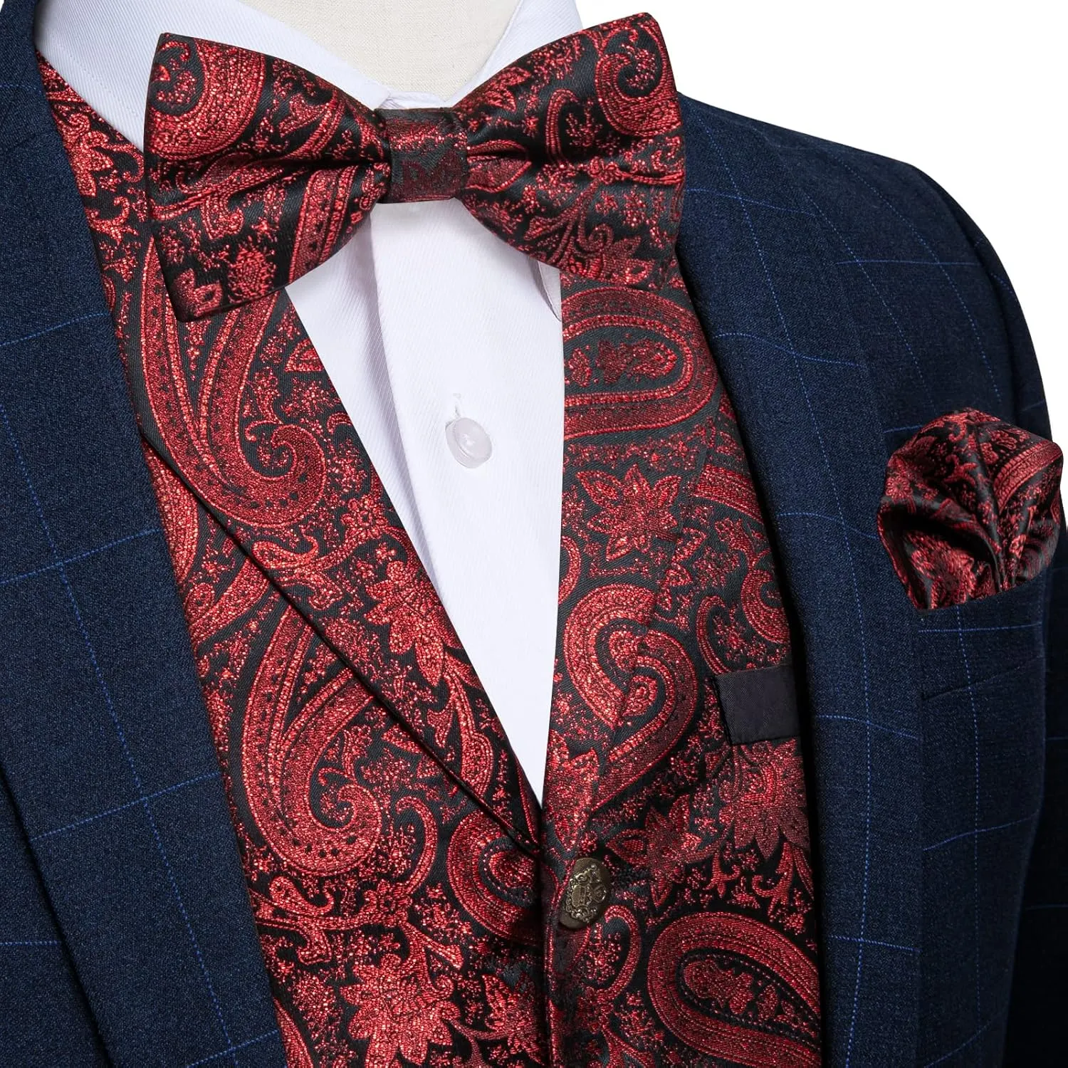 DiBanGu 5pcs Suit Vest for Men Paisley Waistcoat with Bow Tie Lapel Pin Pocket Square Cufflinks Silk Formal Prom Vest Set