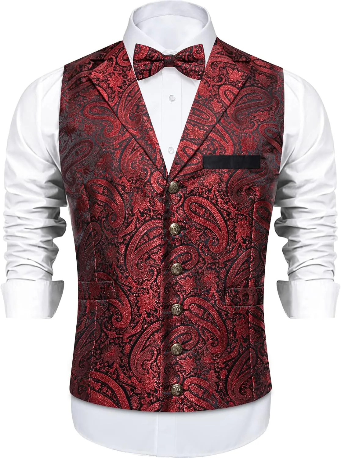 DiBanGu 5pcs Suit Vest for Men Paisley Waistcoat with Bow Tie Lapel Pin Pocket Square Cufflinks Silk Formal Prom Vest Set