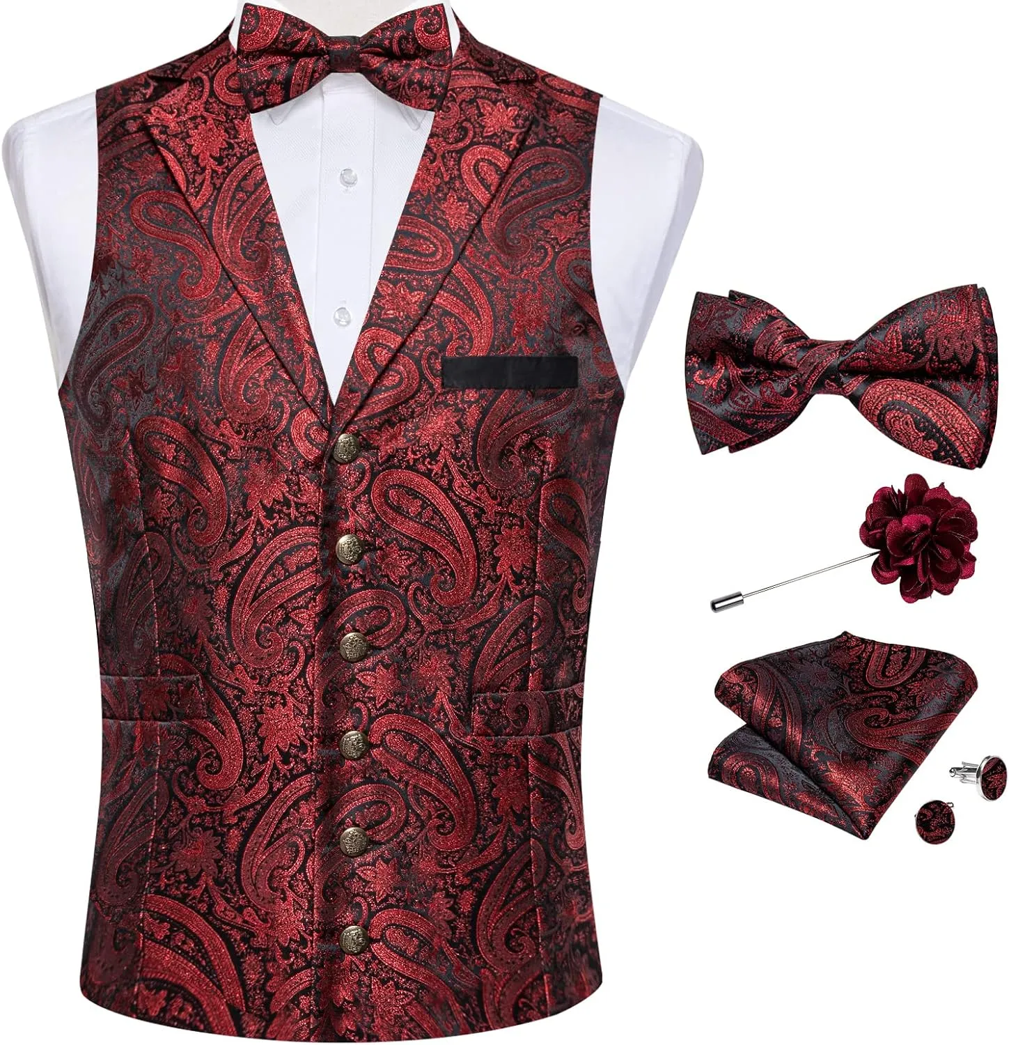 DiBanGu 5pcs Suit Vest for Men Paisley Waistcoat with Bow Tie Lapel Pin Pocket Square Cufflinks Silk Formal Prom Vest Set