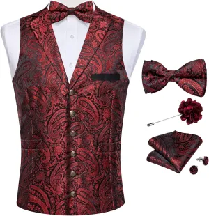 DiBanGu 5pcs Suit Vest for Men Paisley Waistcoat with Bow Tie Lapel Pin Pocket Square Cufflinks Silk Formal Prom Vest Set