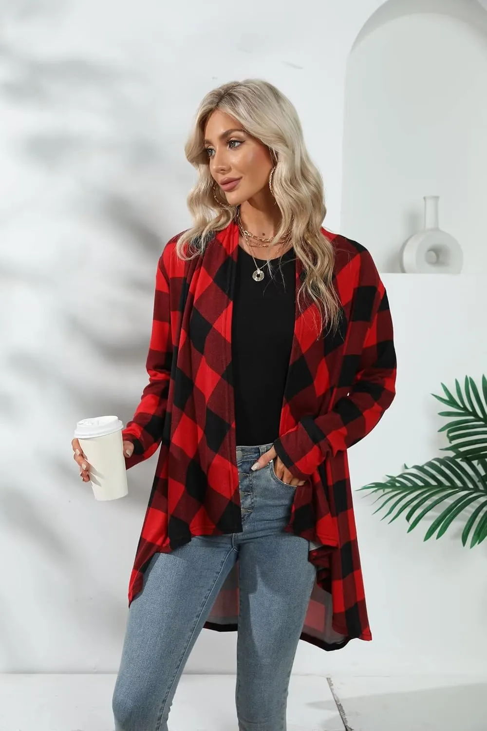 Dressmine Womens Long Cardigan Open Front Buffalo Plaid Shirt Knitted Coat Outwear Maxi Sweater Trendy 2024 Tops