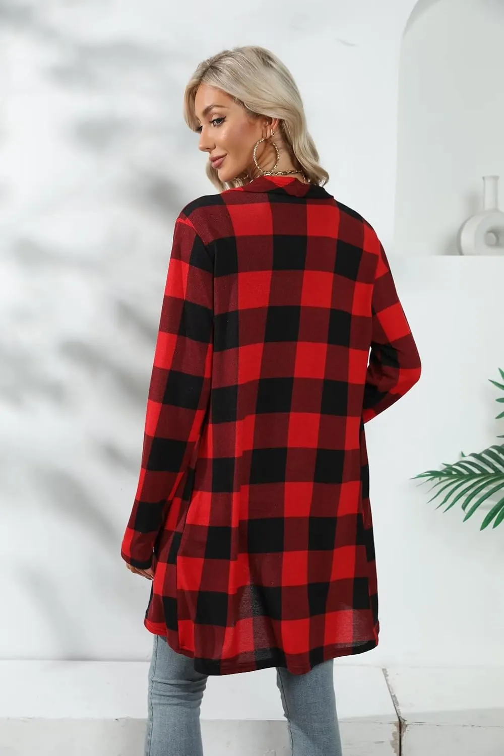 Dressmine Womens Long Cardigan Open Front Buffalo Plaid Shirt Knitted Coat Outwear Maxi Sweater Trendy 2024 Tops
