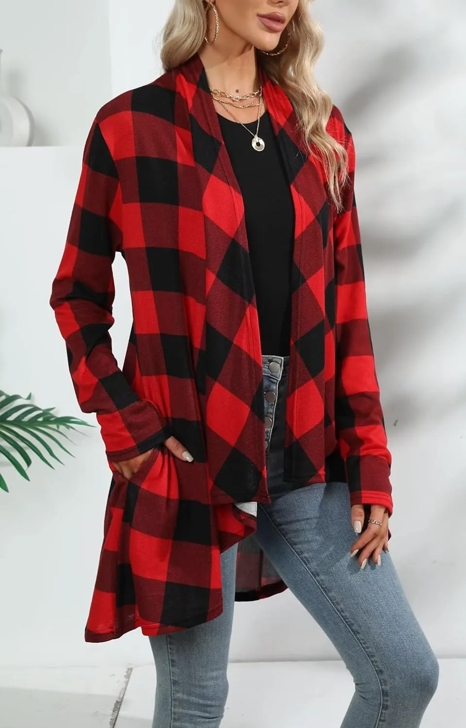 Dressmine Womens Long Cardigan Open Front Buffalo Plaid Shirt Knitted Coat Outwear Maxi Sweater Trendy 2024 Tops