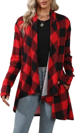 Dressmine Womens Long Cardigan Open Front Buffalo Plaid Shirt Knitted Coat Outwear Maxi Sweater Trendy 2024 Tops