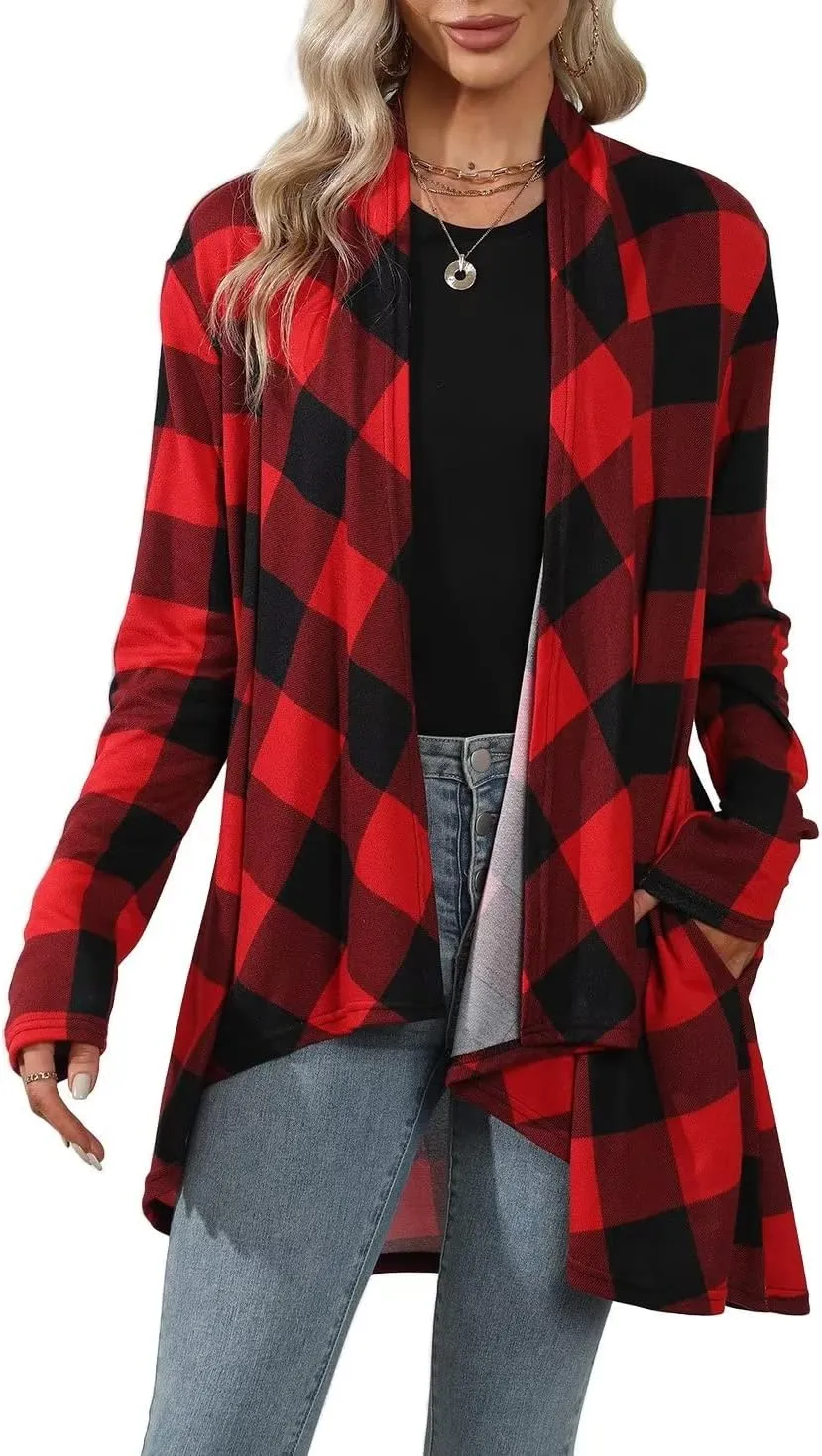 Dressmine Womens Long Cardigan Open Front Buffalo Plaid Shirt Knitted Coat Outwear Maxi Sweater Trendy 2024 Tops