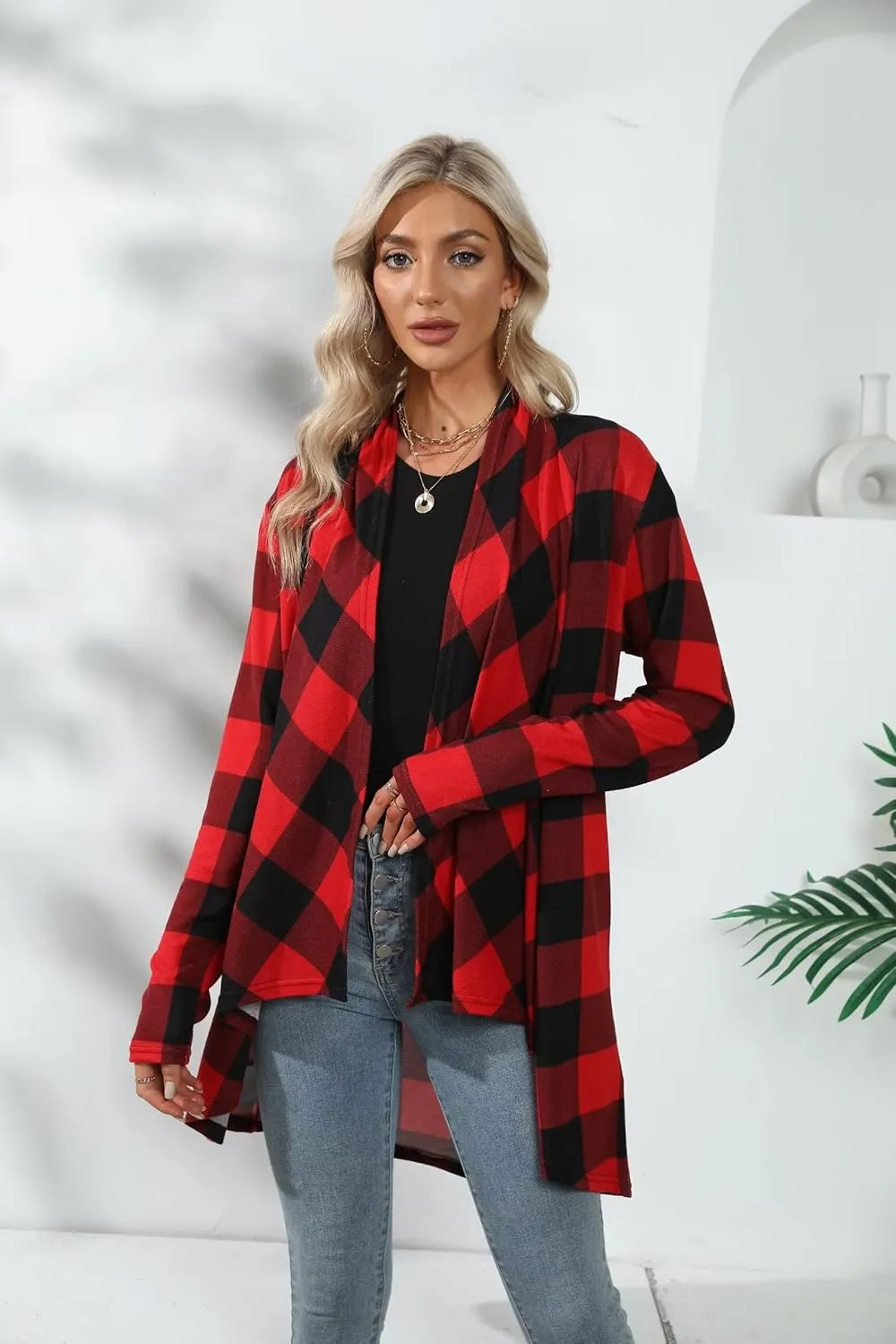 Dressmine Womens Long Cardigan Open Front Buffalo Plaid Shirt Knitted Coat Outwear Maxi Sweater Trendy 2024 Tops