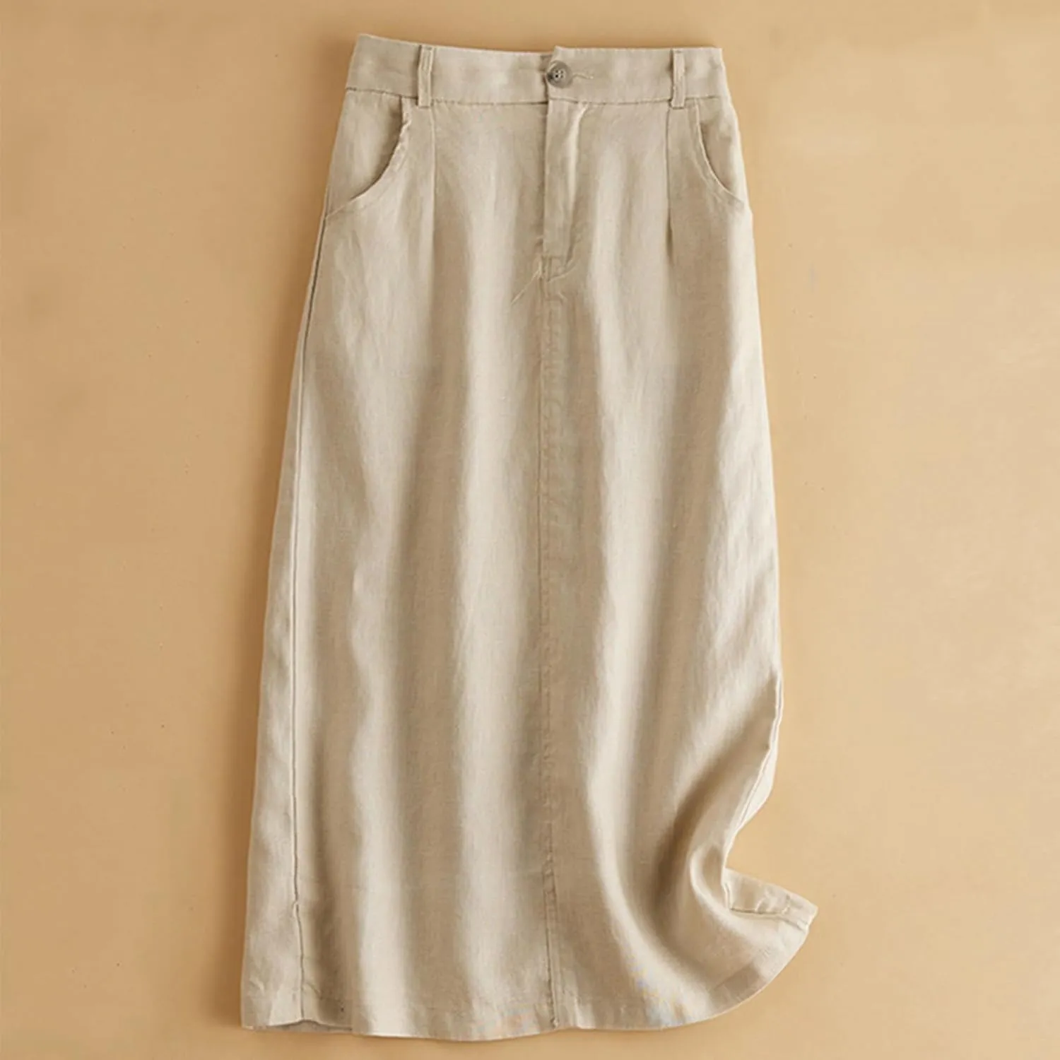 Dressy Cotton Linen Pencil Skirt Women Summer Business High Waist Midi Skirt Slim Fit Office Work Skirt with Pockets