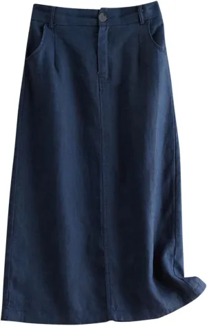 Dressy Cotton Linen Pencil Skirt Women Summer Business High Waist Midi Skirt Slim Fit Office Work Skirt with Pockets