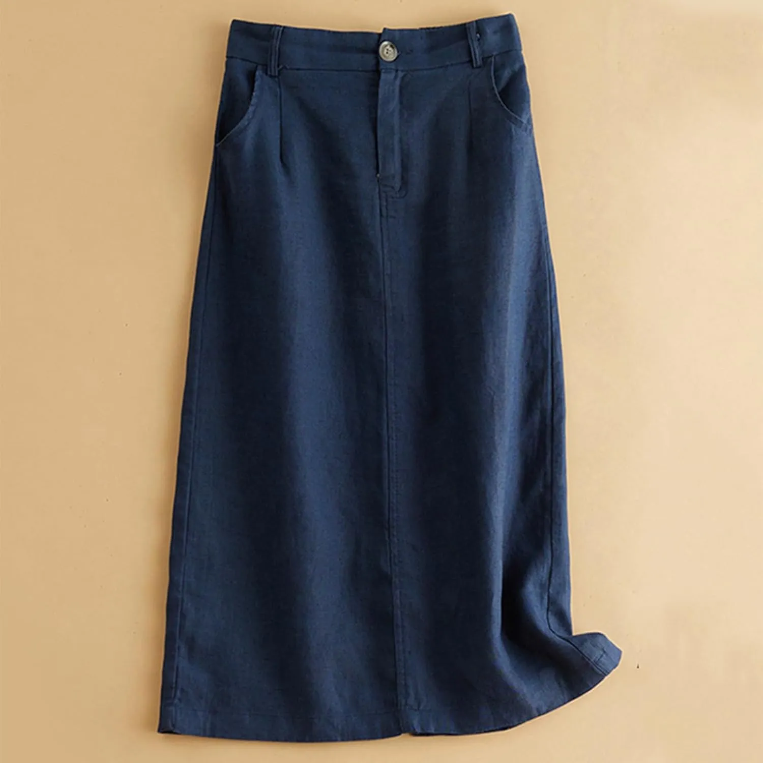 Dressy Cotton Linen Pencil Skirt Women Summer Business High Waist Midi Skirt Slim Fit Office Work Skirt with Pockets