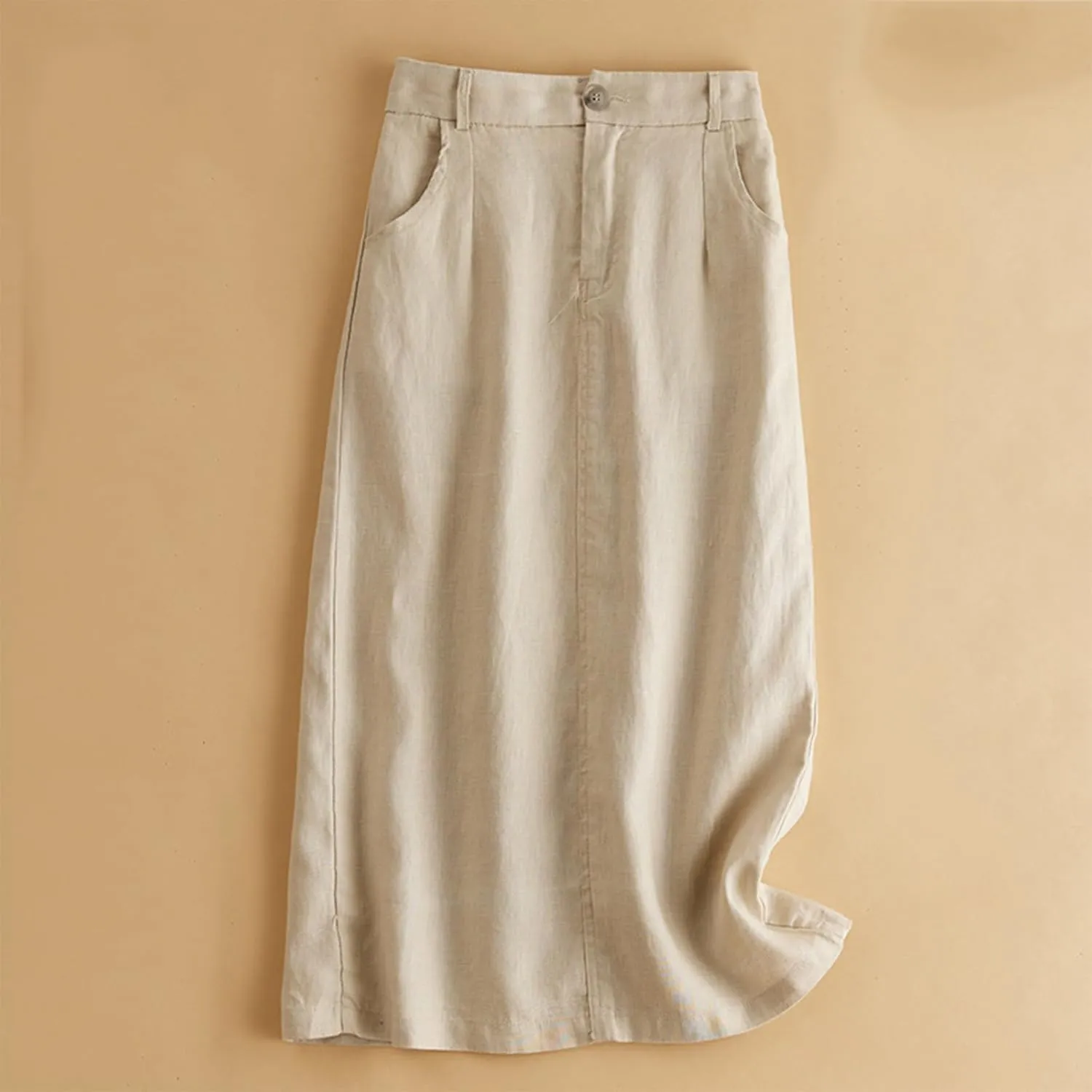 Dressy Cotton Linen Pencil Skirt Women Summer Business High Waist Midi Skirt Slim Fit Office Work Skirt with Pockets
