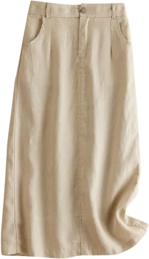 Dressy Cotton Linen Pencil Skirt Women Summer Business High Waist Midi Skirt Slim Fit Office Work Skirt with Pockets