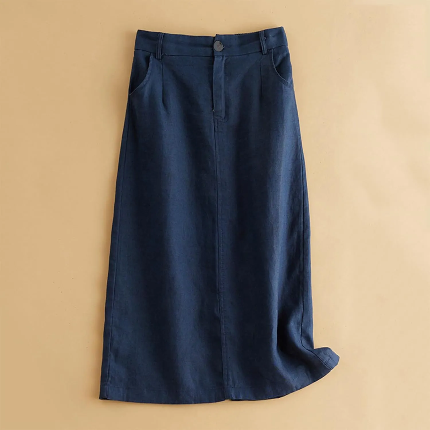 Dressy Cotton Linen Pencil Skirt Women Summer Business High Waist Midi Skirt Slim Fit Office Work Skirt with Pockets