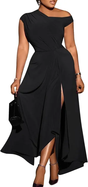 Ecirod Women Elegant Sleeveless One Shoulder Bodycon Maxi Dress High Split Ruched Waist Elegant Flowy Dresses Cocktail Party