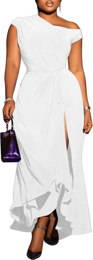 Ecirod Women Elegant Sleeveless One Shoulder Bodycon Maxi Dress High Split Ruched Waist Elegant Flowy Dresses Cocktail Party