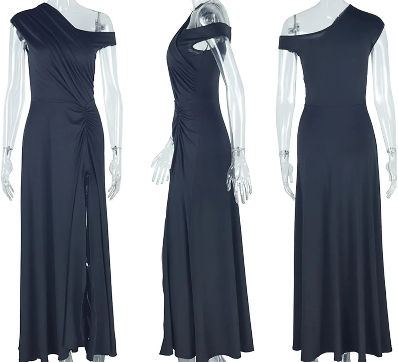 Ecirod Women Elegant Sleeveless One Shoulder Bodycon Maxi Dress High Split Ruched Waist Elegant Flowy Dresses Cocktail Party