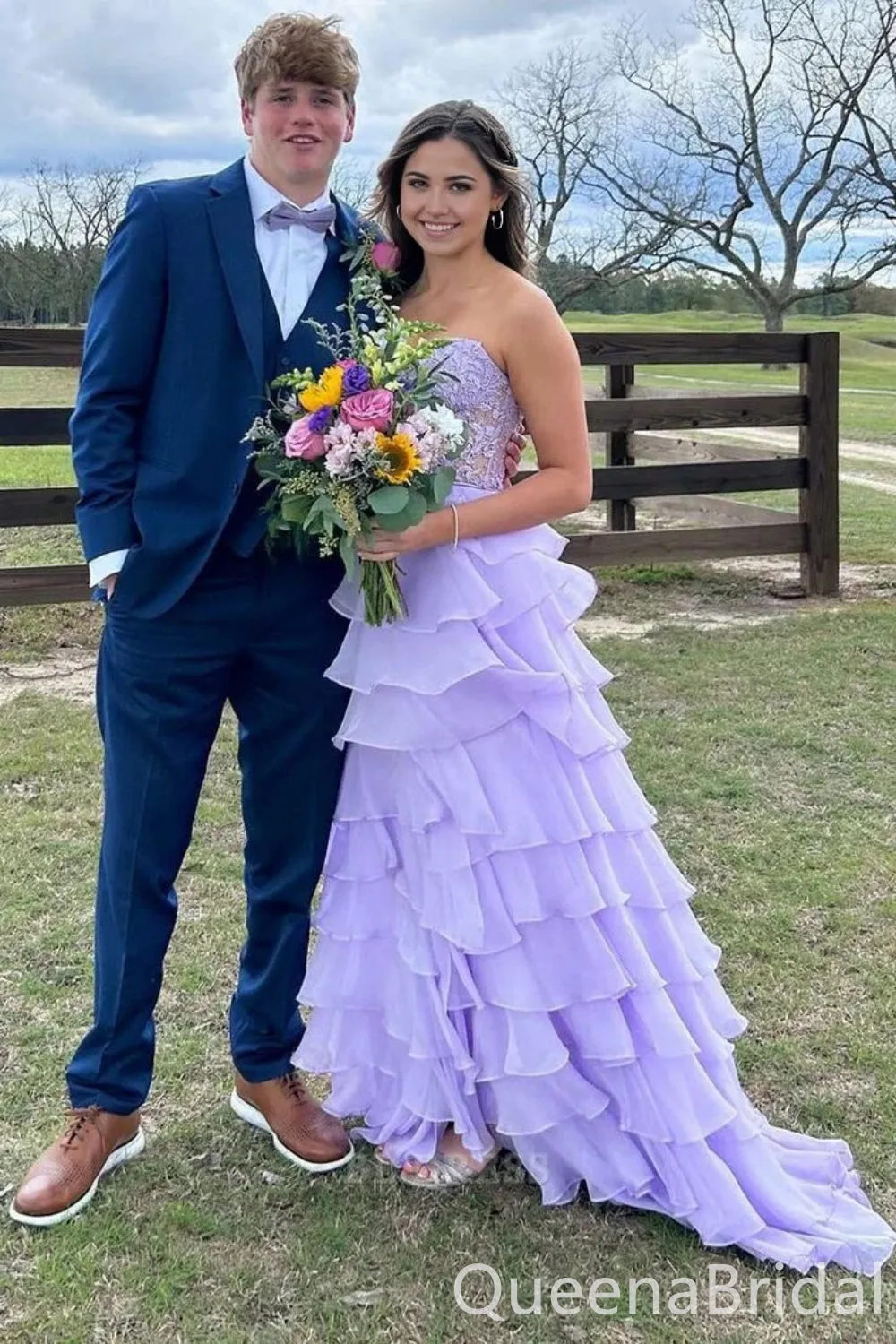 Elegant Strapless Lilac Lace Appliques Tiered A-line Long Prom Dresses ,WGP1637