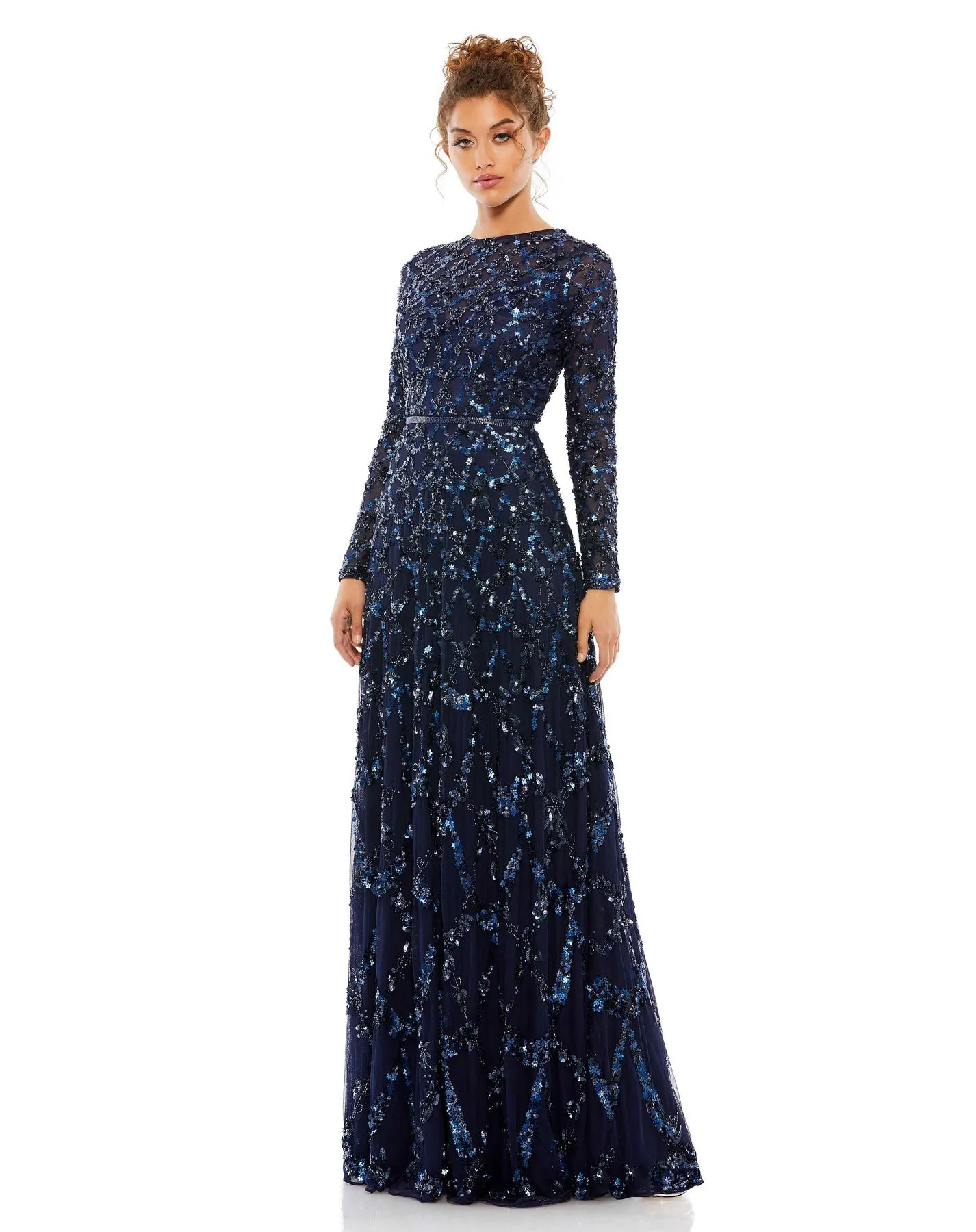 Embellished illusion high neck long sleeve A-line modest gown - Blush