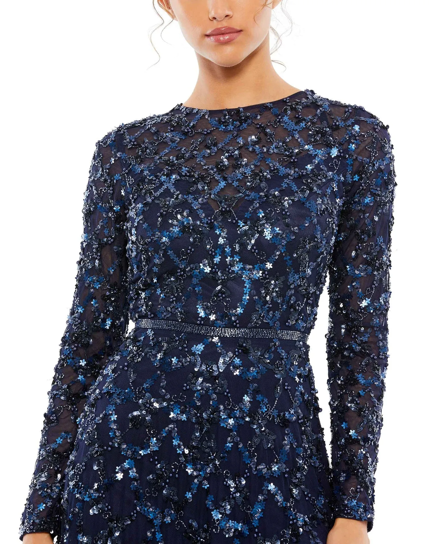 Embellished illusion high neck long sleeve A-line modest gown - Blush