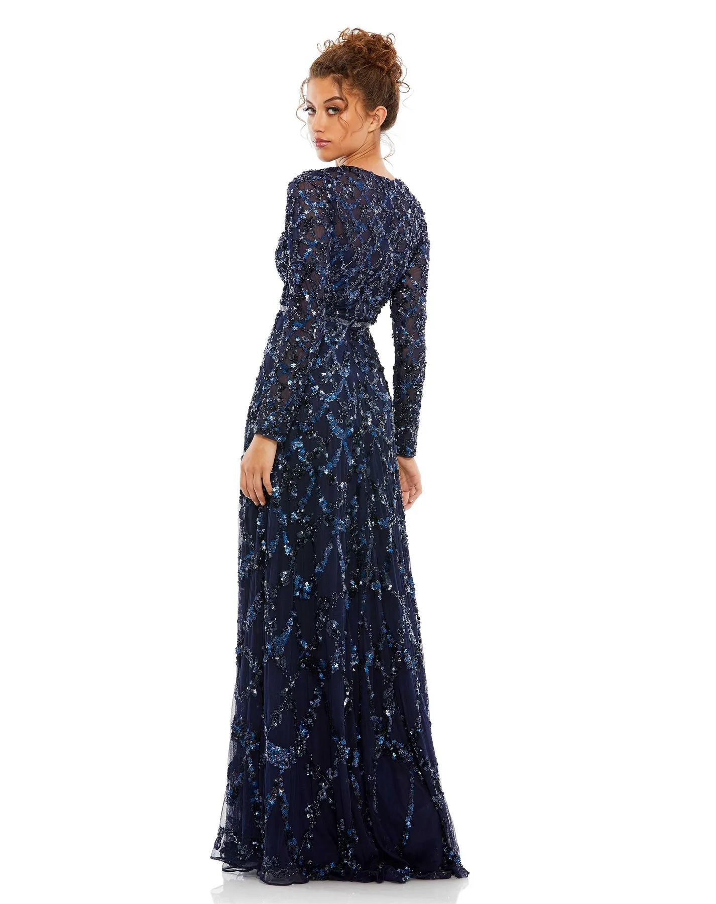 Embellished illusion high neck long sleeve A-line modest gown - Blush