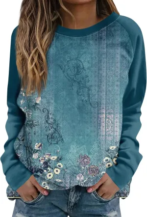 Fall Womens Clothes 2024 Floral Print Crewneck Cute Sweatshirt Long Sleeve Oversized Basics Clothes Clothing