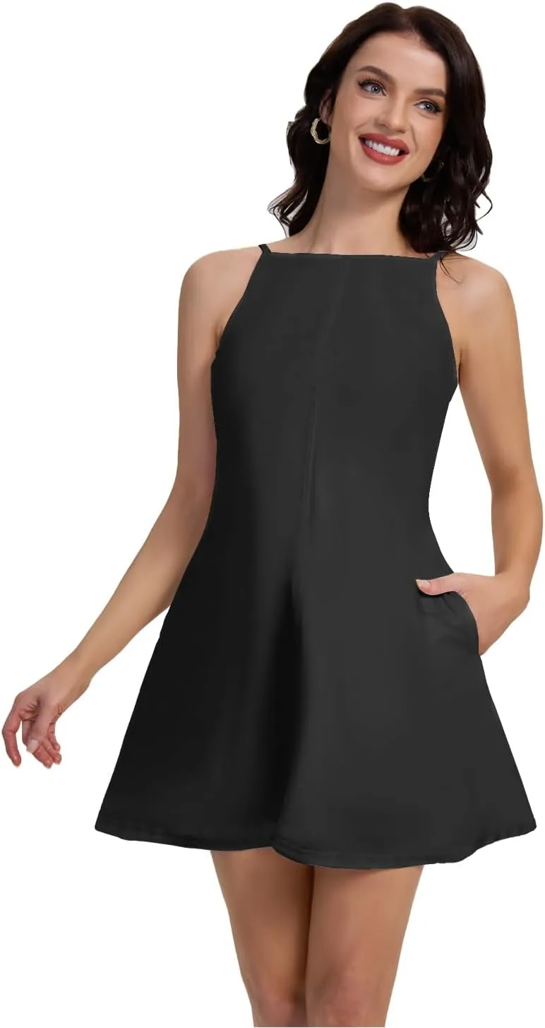 FANCYINN Women's Short Elegant Dresses Adjustable Spaghetti Strap with Pockets Backless Elegant Dress Date Night Dress
