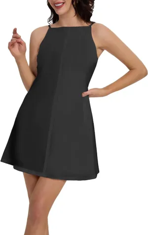 FANCYINN Women's Short Elegant Dresses Adjustable Spaghetti Strap with Pockets Backless Elegant Dress Date Night Dress