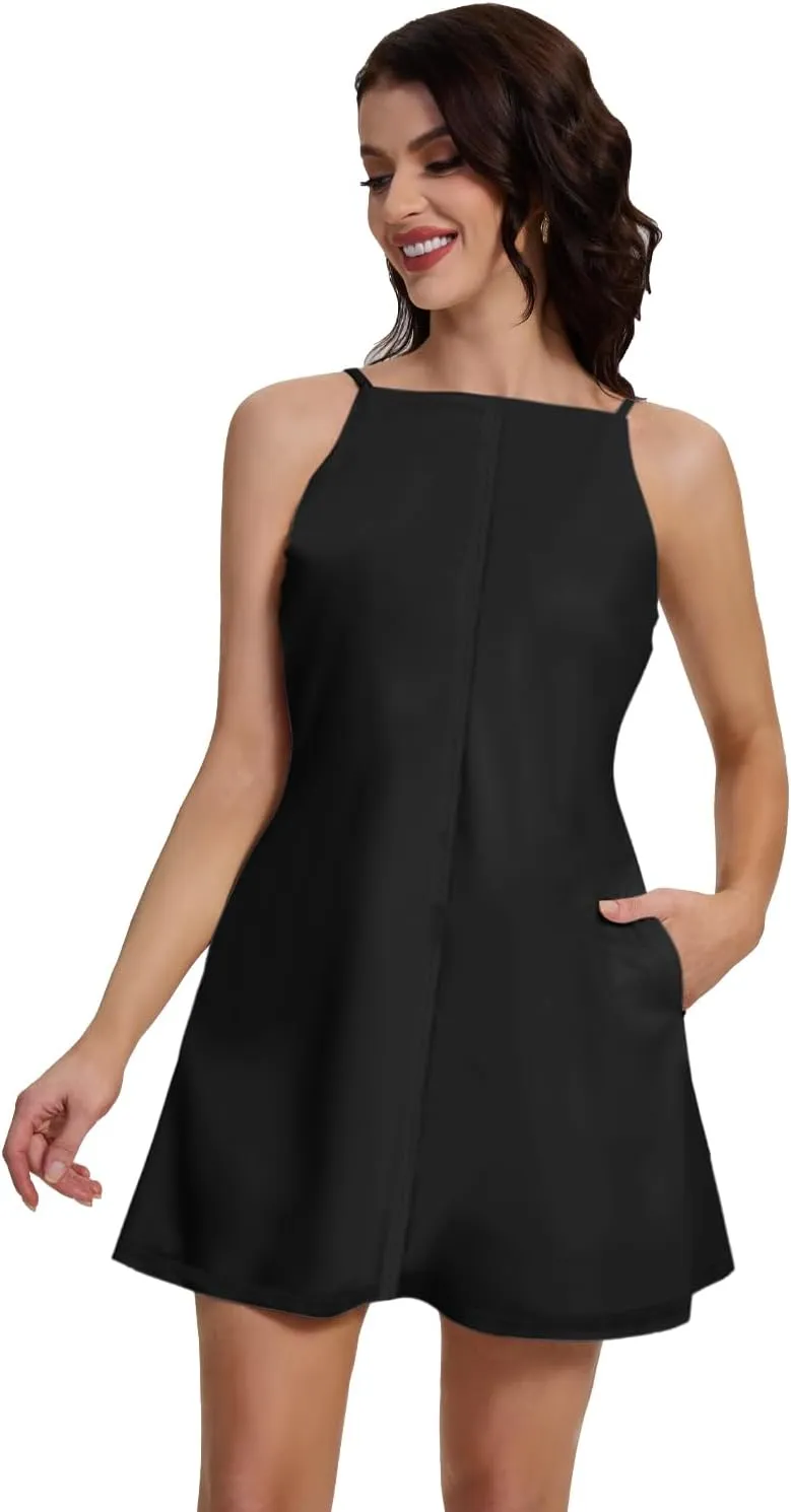 FANCYINN Women's Short Elegant Dresses Adjustable Spaghetti Strap with Pockets Backless Elegant Dress Date Night Dress