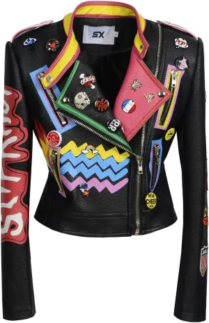 Fashion SX Women's Punk Floral Embroidered short Faux Leather Jacket Moto PU Coat