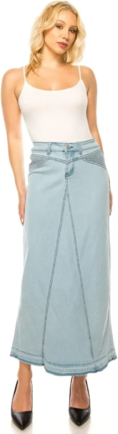 Fashion2Love Women's Juniors/Plus Size Stretch Denim Long Triangle-Cut Moto Skirt (89107)