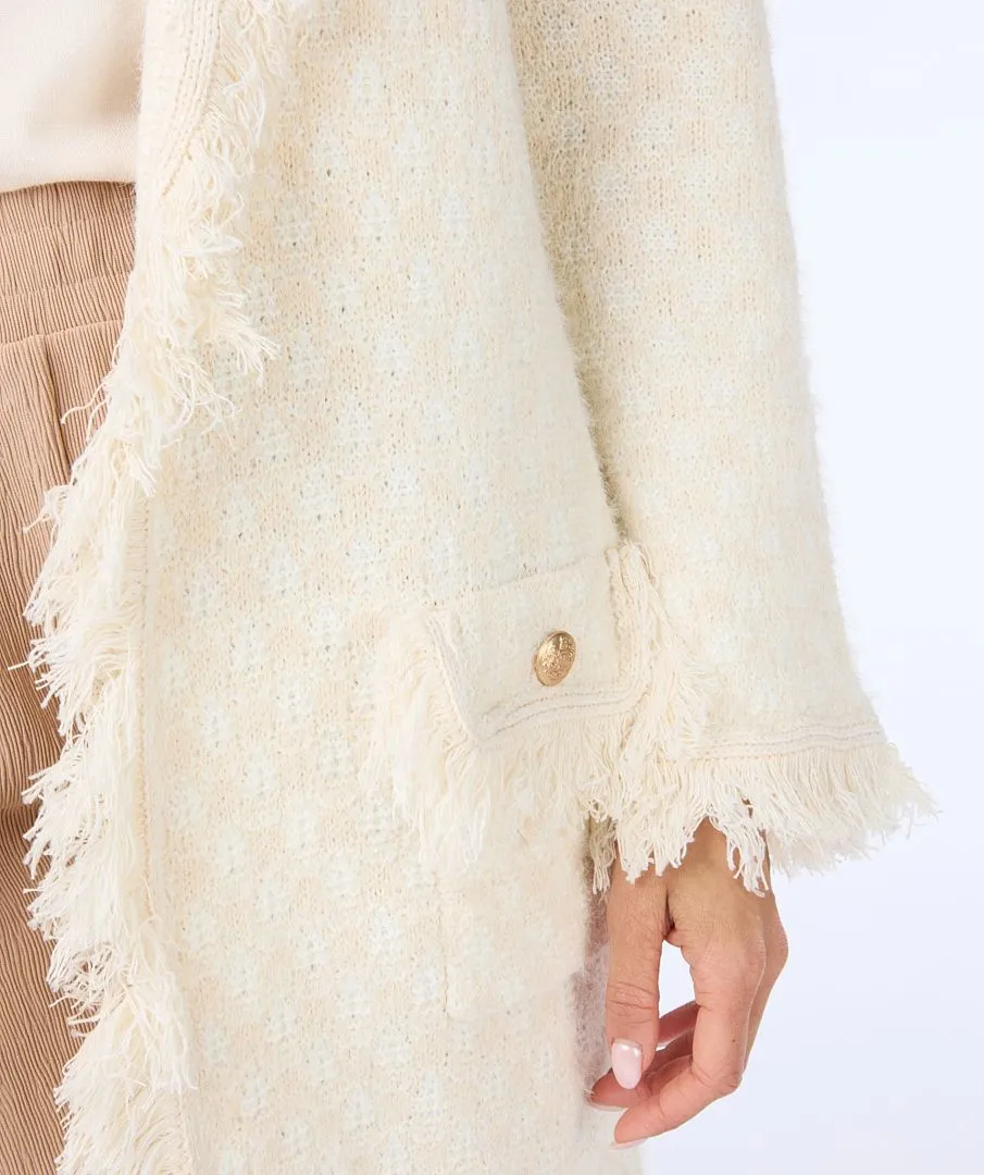 Felicity Fringe Long Cardigan in Off White and Beige - EsQualo SP2418000