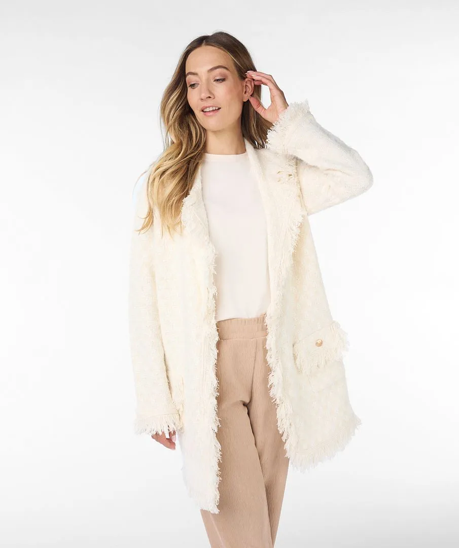 Felicity Fringe Long Cardigan in Off White and Beige - EsQualo SP2418000