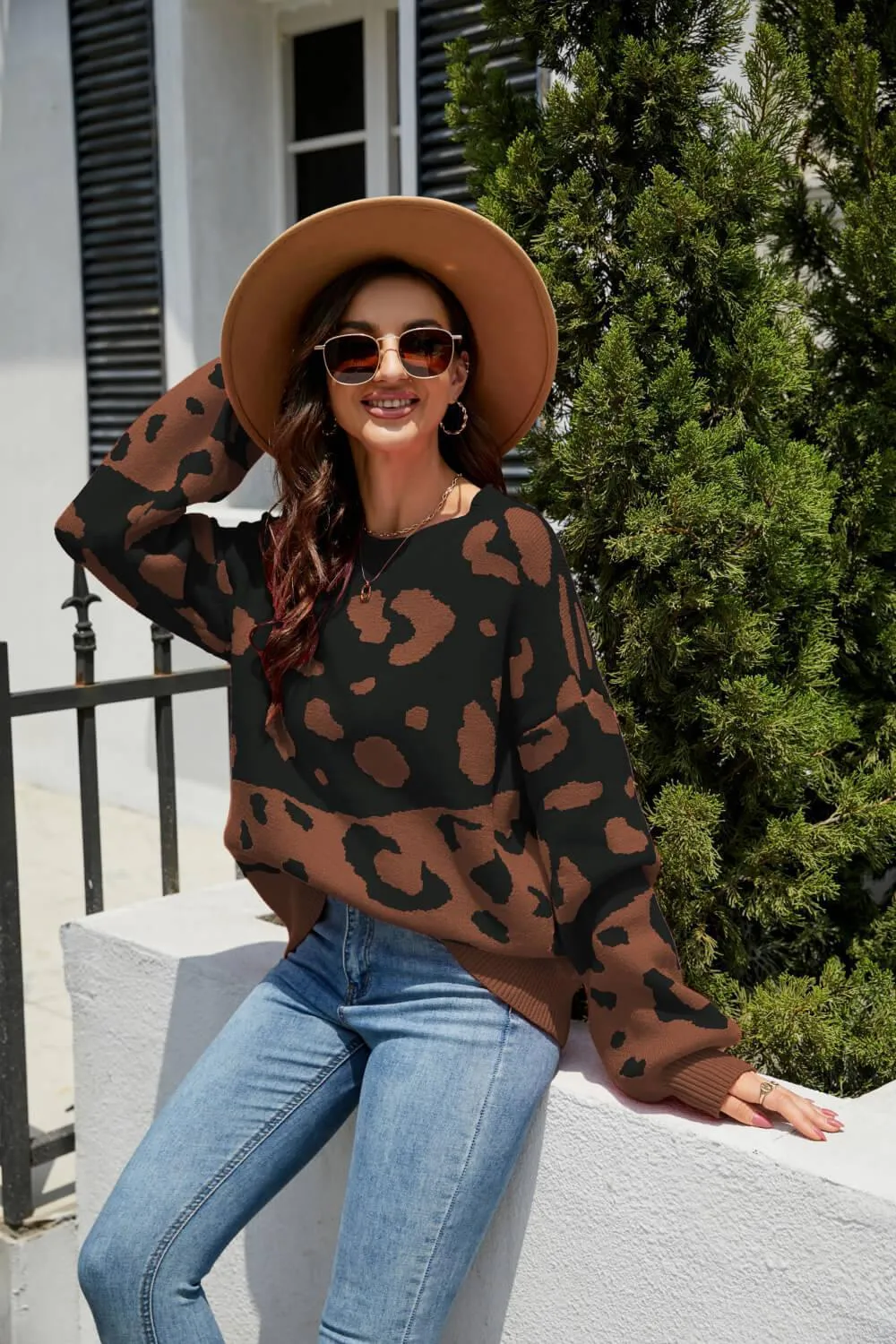Fierce Protection Drop Shoulder Leopard Print Sweater